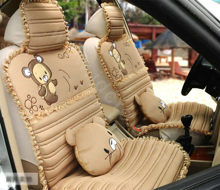 Cartoon Bears Lace Universal Auto Car Seat Covers Cushion Full Set 8pcs - Beige