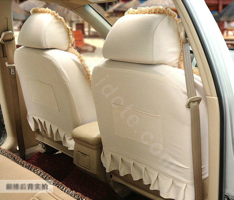 Cartoon Bears Lace Universal Auto Car Seat Covers Cushion Full Set 8pcs - Beige