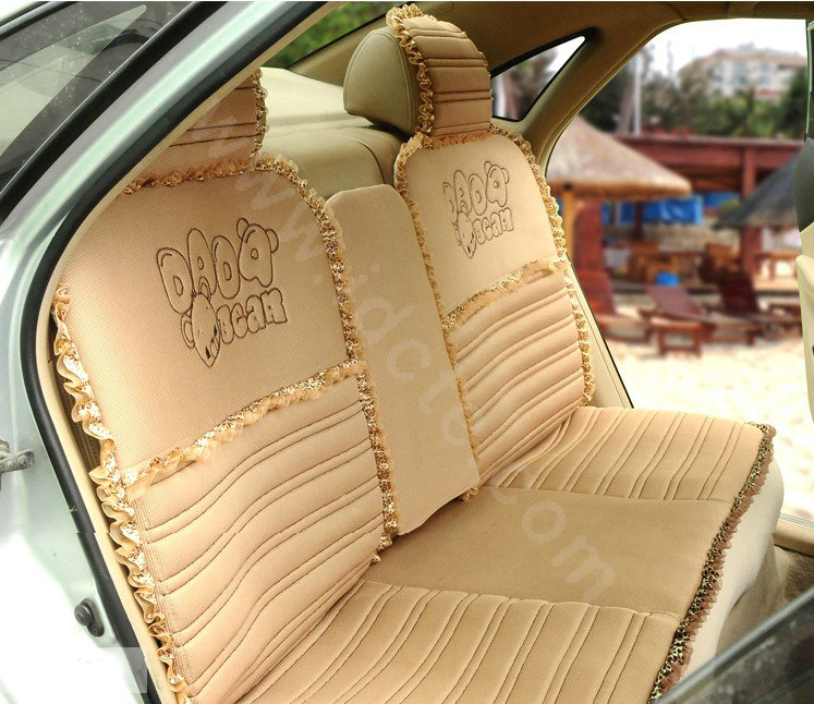 Cartoon Bears Lace Universal Auto Car Seat Covers Cushion Full Set 8pcs - Beige