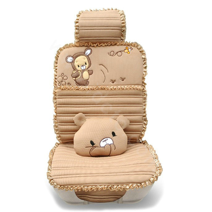 Cartoon Bears Lace Universal Auto Car Seat Covers Cushion Full Set 8pcs - Beige