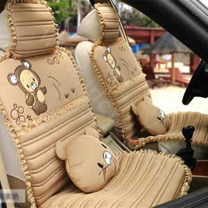 Cartoon Bears Lace Universal Auto Car Seat Covers Cushion Full Set 8pcs - Beige