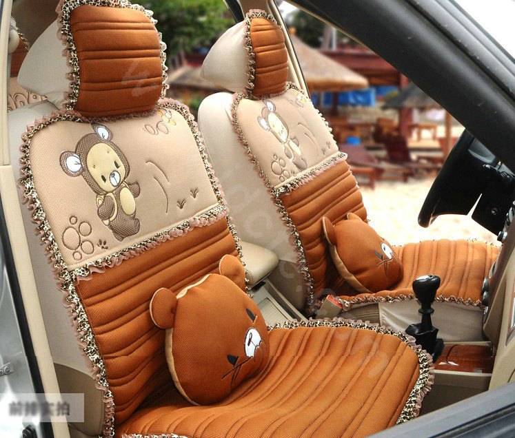 Cartoon Bears Lace Universal Auto Car Seat Covers Cushion Full Set 8pcs - Brown