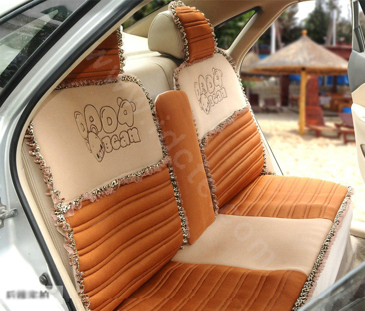 Cartoon Bears Lace Universal Auto Car Seat Covers Cushion Full Set 8pcs - Brown
