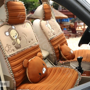 Cartoon Bears Lace Universal Auto Car Seat Covers Cushion Full Set 8pcs - Brown