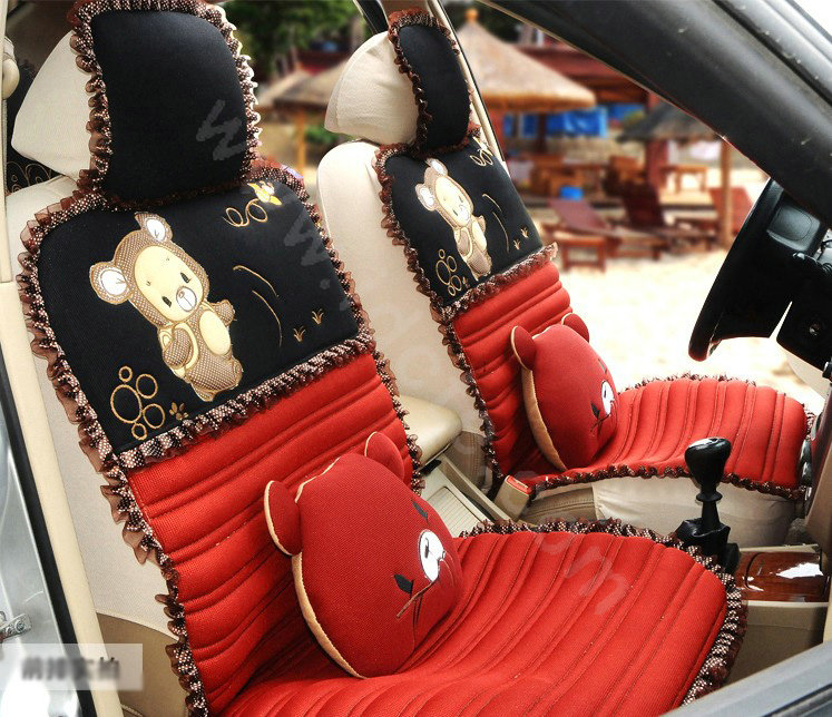 Cartoon Bears Lace Universal Auto Car Seat Covers Cushion Full Set 8pcs - Red