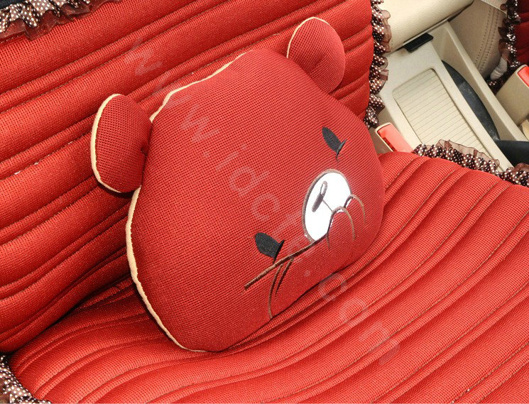 Cartoon Bears Lace Universal Auto Car Seat Covers Cushion Full Set 8pcs - Red