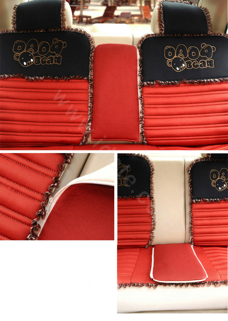 Cartoon Bears Lace Universal Auto Car Seat Covers Cushion Full Set 8pcs - Red