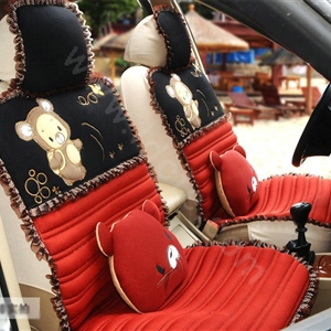Cartoon Bears Lace Universal Auto Car Seat Covers Cushion Full Set 8pcs - Red