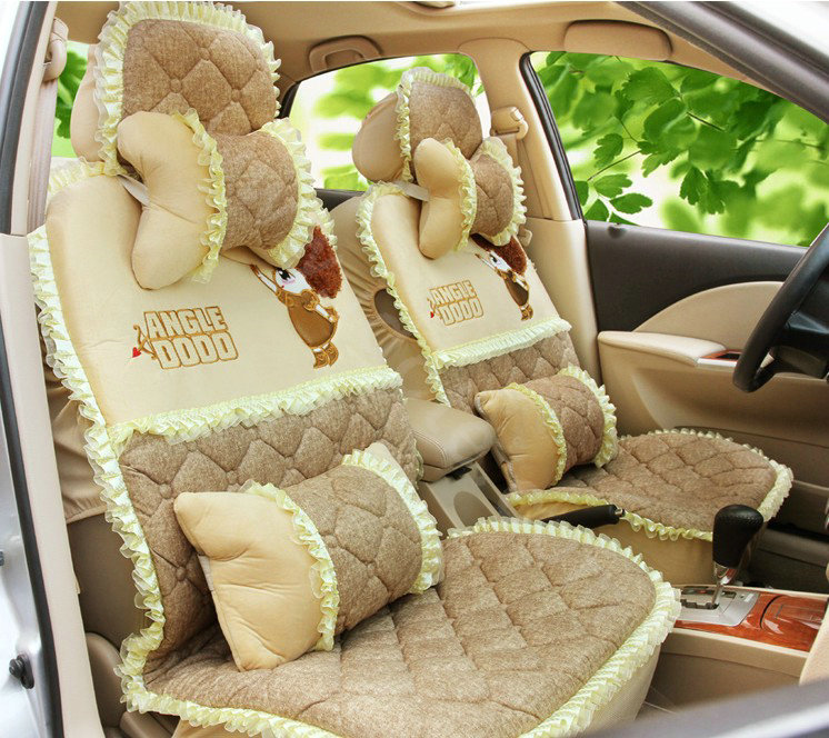 Cartoon Girl Lace Universal Auto Car Seat Covers Cushion Velvet Full Set 8pcs - Beige