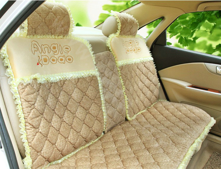 Cartoon Girl Lace Universal Auto Car Seat Covers Cushion Velvet Full Set 8pcs - Beige