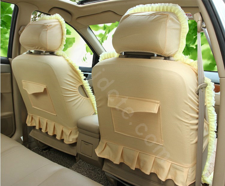 Cartoon Girl Lace Universal Auto Car Seat Covers Cushion Velvet Full Set 8pcs - Beige