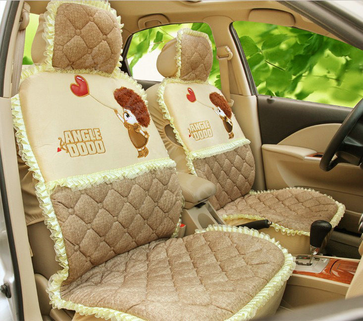 Cartoon Girl Lace Universal Auto Car Seat Covers Cushion Velvet Full Set 8pcs - Beige