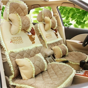 Cartoon Girl Lace Universal Auto Car Seat Covers Cushion Velvet Full Set 8pcs - Beige