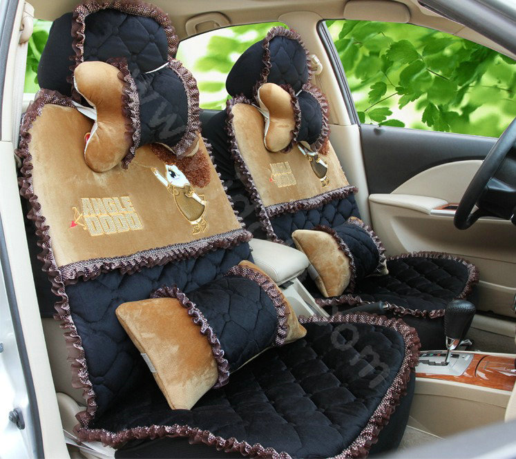 Cartoon Girl Lace Universal Auto Car Seat Covers Cushion Velvet Full Set 8pcs - Black