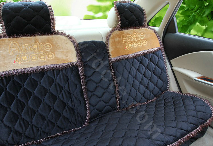 Cartoon Girl Lace Universal Auto Car Seat Covers Cushion Velvet Full Set 8pcs - Black