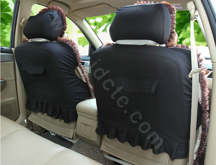 Cartoon Girl Lace Universal Auto Car Seat Covers Cushion Velvet Full Set 8pcs - Black