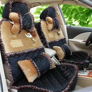Cartoon Girl Lace Universal Auto Car Seat Covers Cushion Velvet Full Set 8pcs - Black