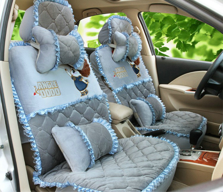 Cartoon Girl Lace Universal Auto Car Seat Covers Cushion Velvet Full Set 8pcs - Blue
