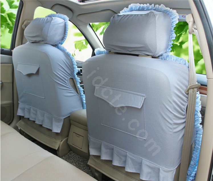 Cartoon Girl Lace Universal Auto Car Seat Covers Cushion Velvet Full Set 8pcs - Blue