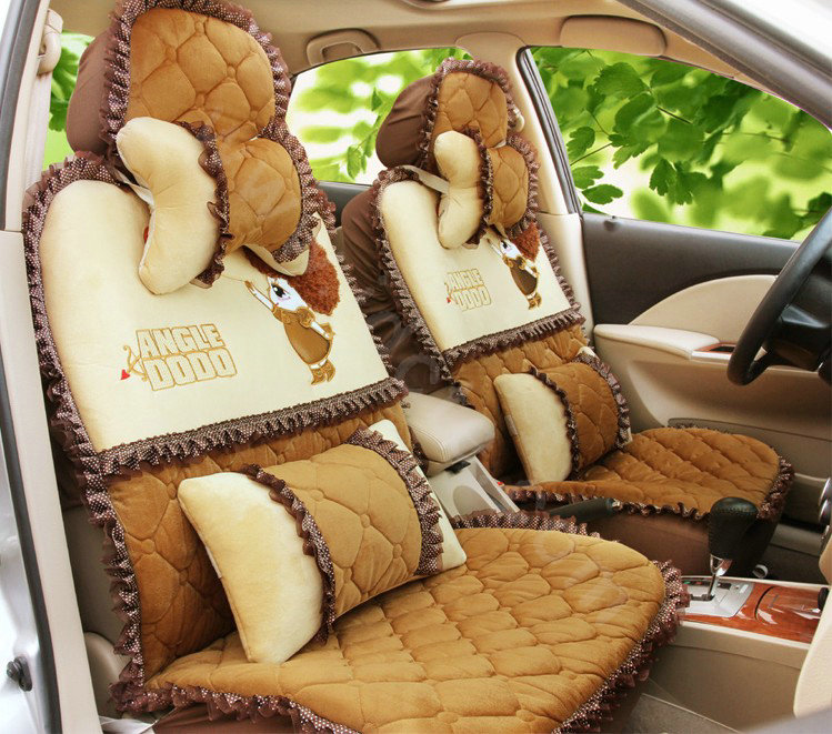 Cartoon Girl Lace Universal Auto Car Seat Covers Cushion Velvet Full Set 8pcs - Brown