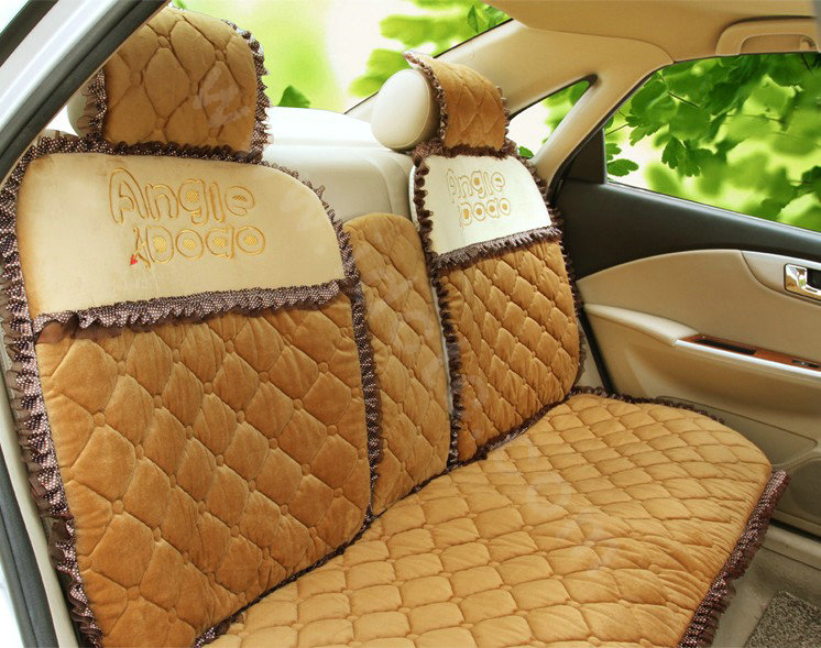 Cartoon Girl Lace Universal Auto Car Seat Covers Cushion Velvet Full Set 8pcs - Brown