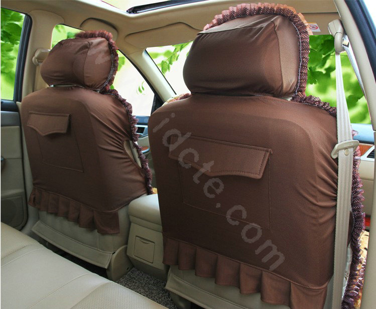 Cartoon Girl Lace Universal Auto Car Seat Covers Cushion Velvet Full Set 8pcs - Brown