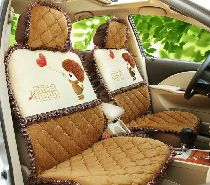 Cartoon Girl Lace Universal Auto Car Seat Covers Cushion Velvet Full Set 8pcs - Brown