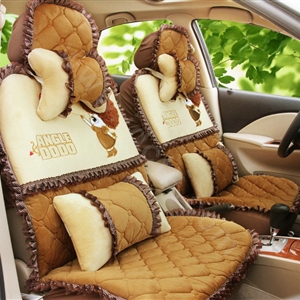 Cartoon Girl Lace Universal Auto Car Seat Covers Cushion Velvet Full Set 8pcs - Brown