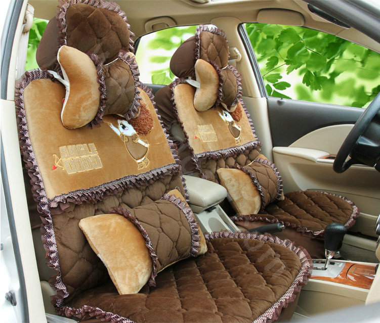 Cartoon Girl Lace Universal Auto Car Seat Covers Cushion Velvet Full Set 8pcs - Coffee