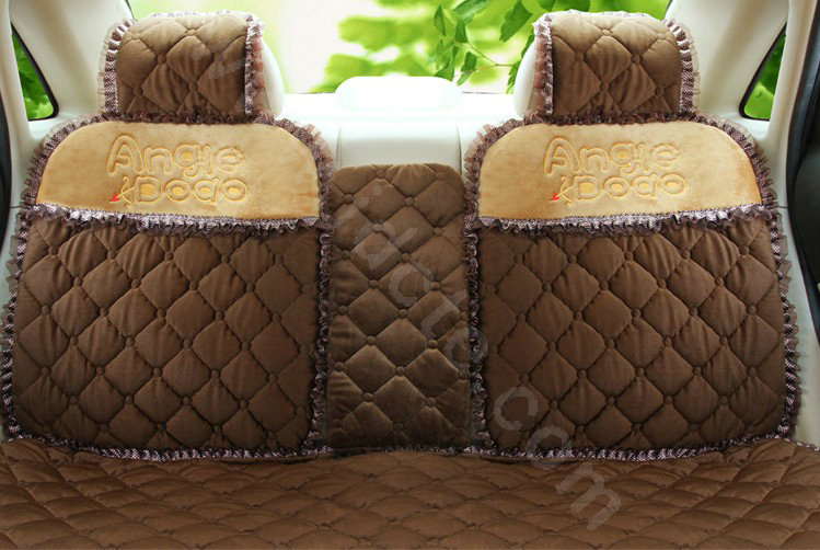 Cartoon Girl Lace Universal Auto Car Seat Covers Cushion Velvet Full Set 8pcs - Coffee