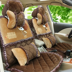 Cartoon Girl Lace Universal Auto Car Seat Covers Cushion Velvet Full Set 8pcs - Coffee