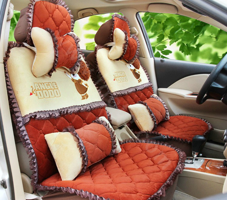 Cartoon Girl Lace Universal Auto Car Seat Covers Cushion Velvet Full Set 8pcs - Red