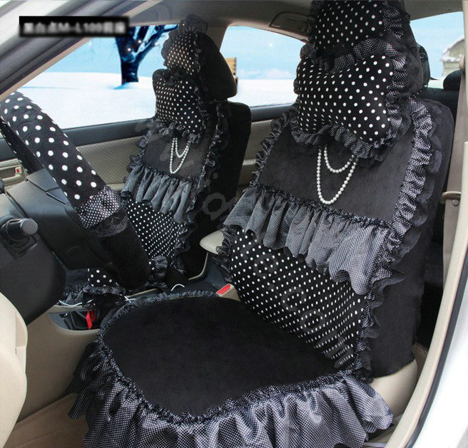 Fashion Dot Lace Universal Auto Car Seat Covers Plush Velvet Full Set 18pcs - Black