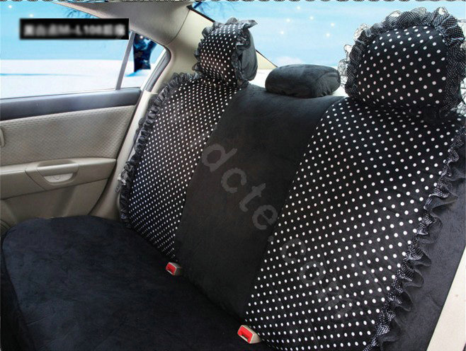 Fashion Dot Lace Universal Auto Car Seat Covers Plush Velvet Full Set 18pcs - Black