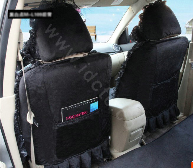 Fashion Dot Lace Universal Auto Car Seat Covers Plush Velvet Full Set 18pcs - Black