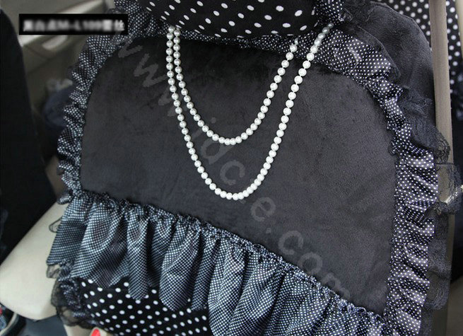 Fashion Dot Lace Universal Auto Car Seat Covers Plush Velvet Full Set 18pcs - Black