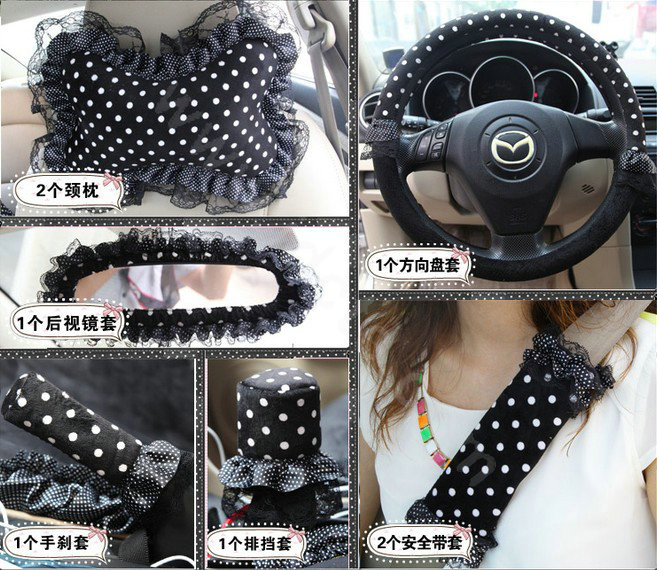 Fashion Dot Lace Universal Auto Car Seat Covers Plush Velvet Full Set 18pcs - Black