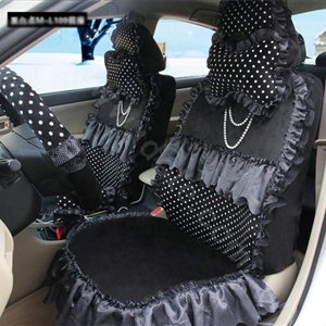 Fashion Dot Lace Universal Auto Car Seat Covers Plush Velvet Full Set 18pcs - Black