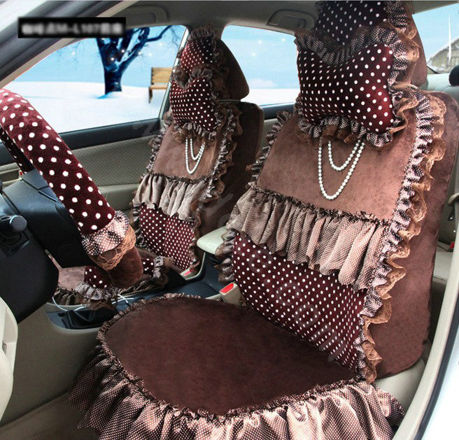 Fashion Dot Lace Universal Auto Car Seat Covers Plush Velvet Full Set 18pcs - Coffee