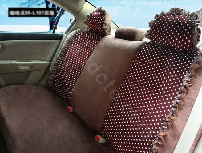 Fashion Dot Lace Universal Auto Car Seat Covers Plush Velvet Full Set 18pcs - Coffee