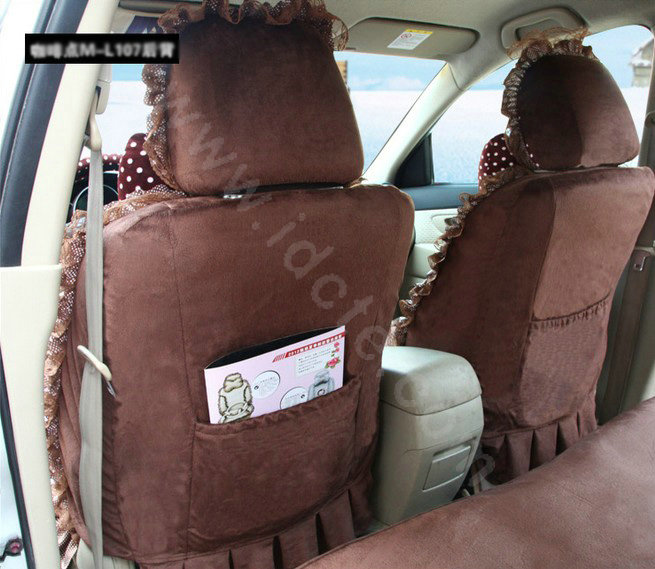 Fashion Dot Lace Universal Auto Car Seat Covers Plush Velvet Full Set 18pcs - Coffee
