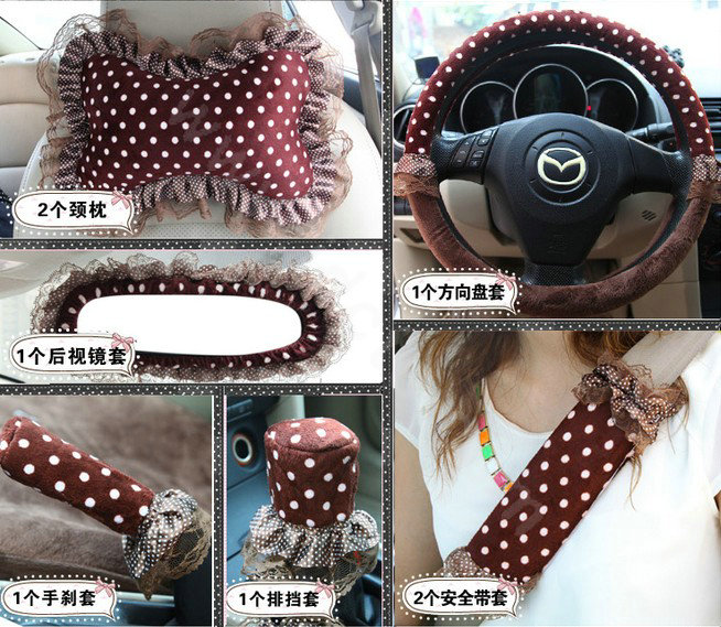 Fashion Dot Lace Universal Auto Car Seat Covers Plush Velvet Full Set 18pcs - Coffee