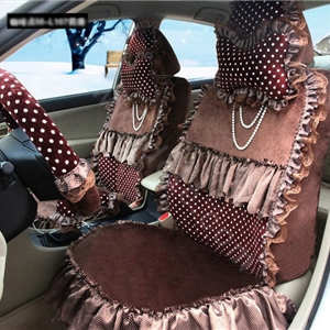 Fashion Dot Lace Universal Auto Car Seat Covers Plush Velvet Full Set 18pcs - Coffee