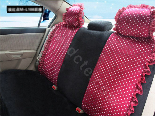 Fashion Dot Lace Universal Auto Car Seat Covers Plush Velvet Full Set 18pcs - Rose