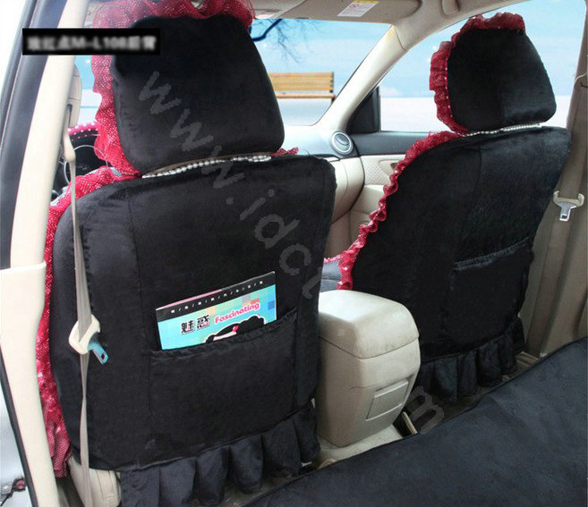 Fashion Dot Lace Universal Auto Car Seat Covers Plush Velvet Full Set 18pcs - Rose