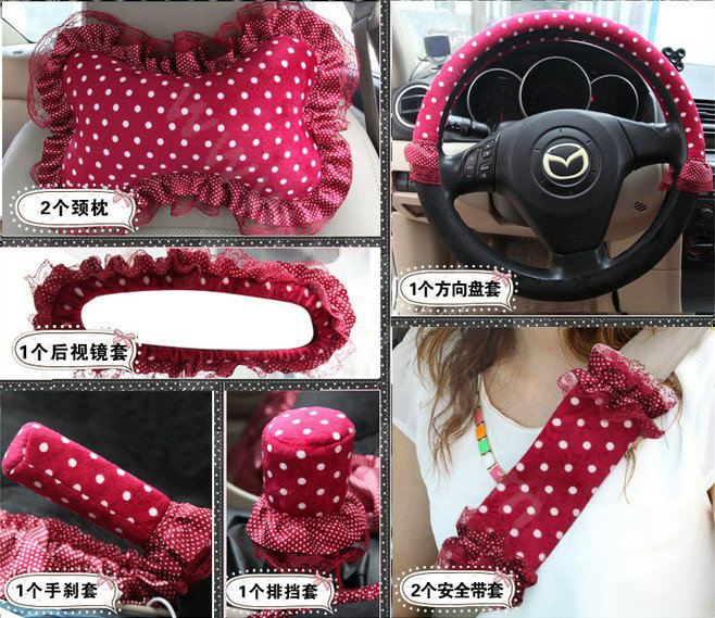 Fashion Dot Lace Universal Auto Car Seat Covers Plush Velvet Full Set 18pcs - Rose