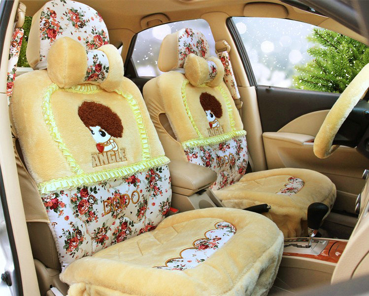 Angel Flower Universal Automobile Car Seat Cover Velvet Cushion 9pcs - Beige