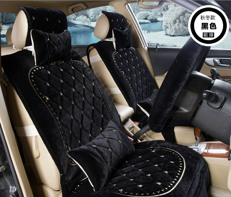 Embroidery Flower Universal Automobile Car Seat Cover Flannel Cushion 9pcs - Black