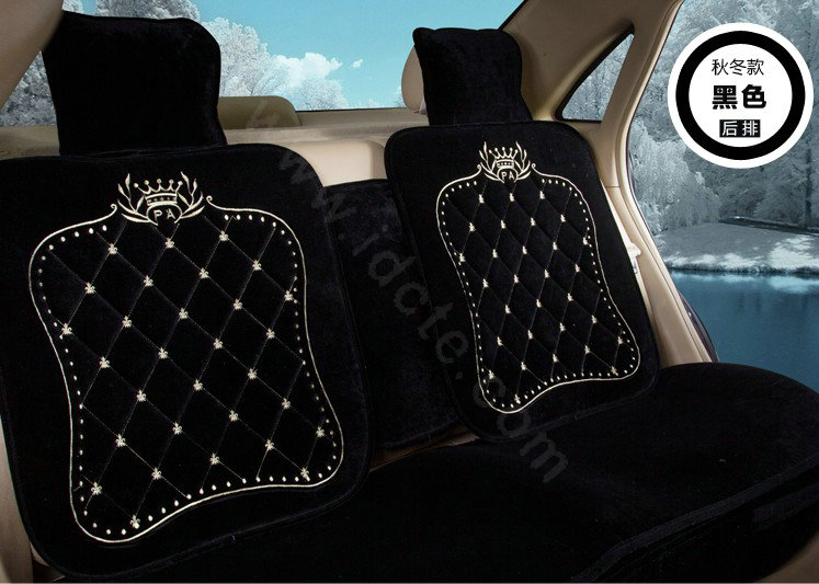 Embroidery Flower Universal Automobile Car Seat Cover Flannel Cushion 9pcs - Black