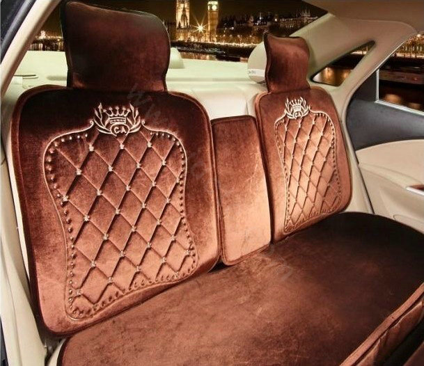 Embroidery Flower Universal Automobile Car Seat Cover Flannel Cushion 9pcs - Coffee